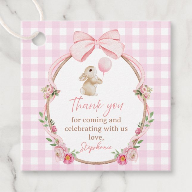 Rosa Gingham-Hasen-Blumen-Partygeschenkanhänger Geschenkanhänger (Vorderseite)