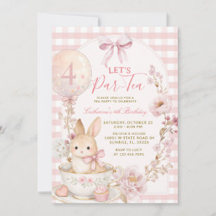 Rosa Gingham-Hasen-Teeparty-Mädchen-Geburtstag Einladung