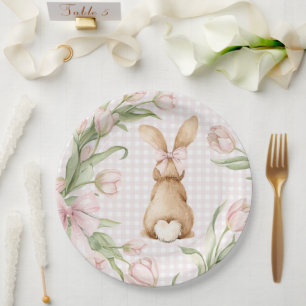 Rosa Gingham-Hasen-Tulpen Floral Pappteller