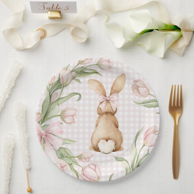 Rosa Gingham-Hasen-Tulpen Floral  Pappteller (Hochzeit)