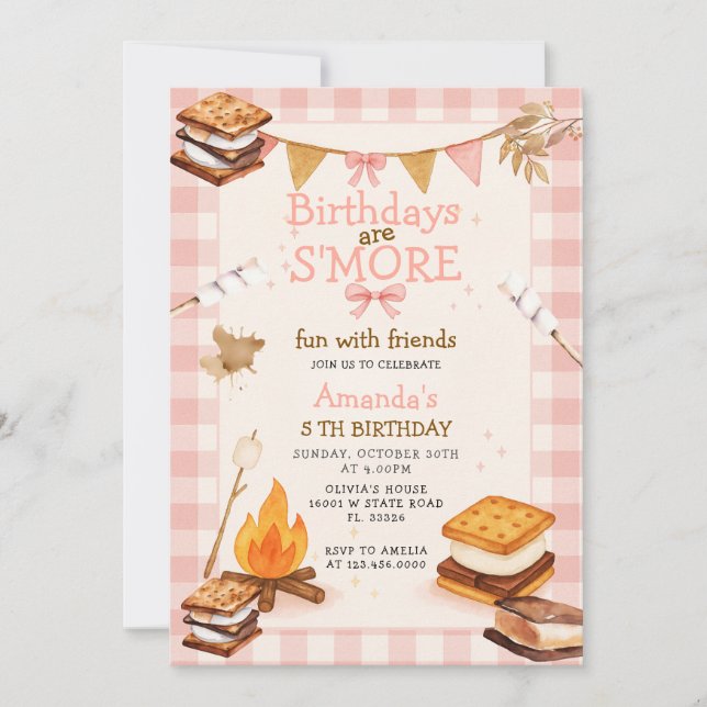 Rosa Gingham Herbst Camping Lagerfeuer Smores Einladung (Vorderseite)