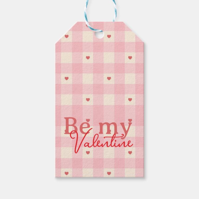 Rosa Gingham-Herzen Valentinstag  Geschenkanhänger (Vorderseite)
