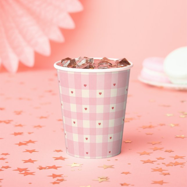 Rosa Gingham-Herzen Valentinstag  Pappbecher (Insitu)