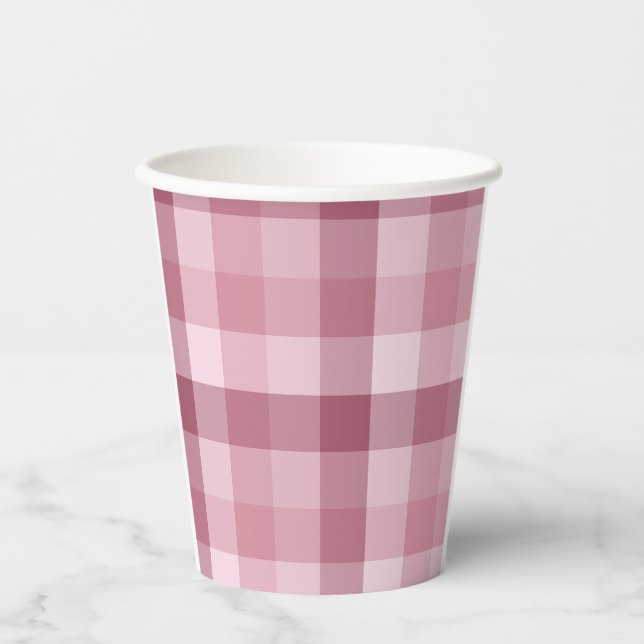 Rosa Gingham-Karo-Karo-Design Pappbecher (Vorderseite)