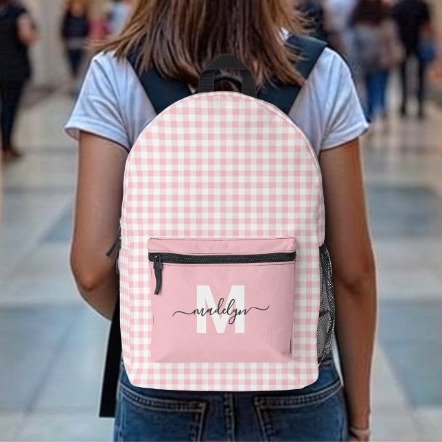 Rosa Gingham-Karo-Monogramm Bedruckter Rucksack (Pink Gingham Plaid Monogram Printed Backpack )