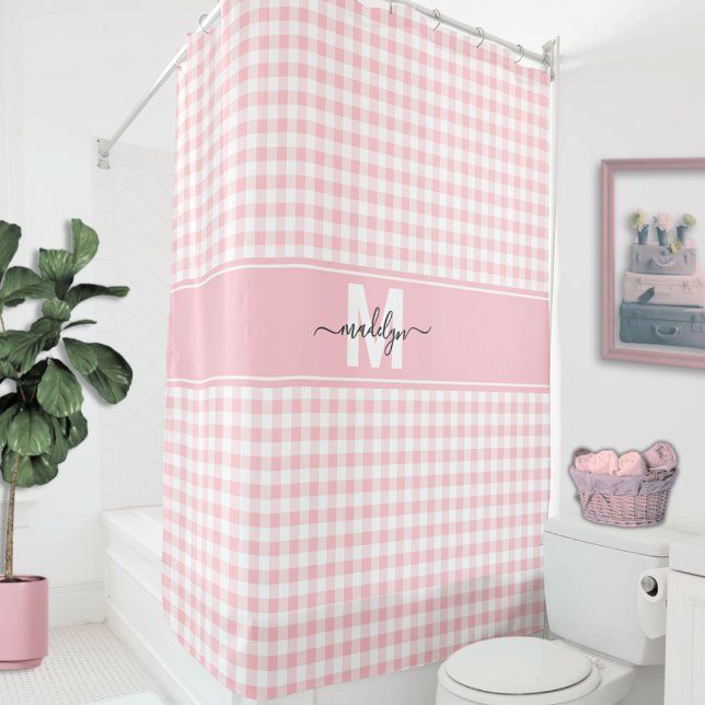 Rosa Gingham-Karo-Monogramm Duschvorhang (Blush Pink Gingham Plaid Monogram Shower Curtain )