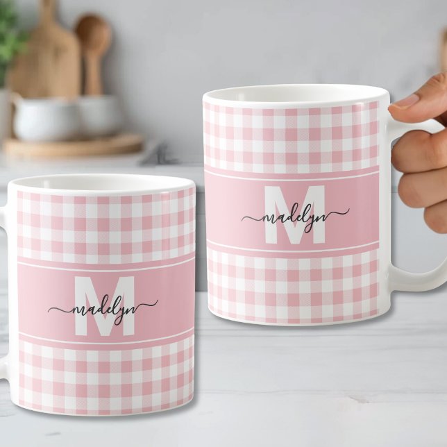 Rosa Gingham-Karo-Monogramm Kaffeetasse (Blush Pink Gingham Plaid Monogram Coffee Mug )