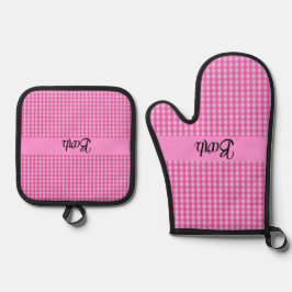 Rosa GIngham Karo personalisiert Ofenhandschuh & Topflappen-Set