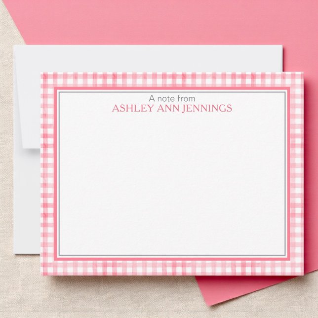 Rosa Gingham-Karo-Rand personalisiert Mitteilungskarte (Classic gingham pattern notecard design with custom name And double border)