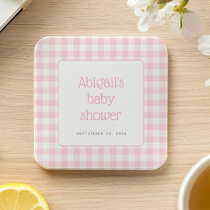 Rosa Gingham-Karo Rustikale Babyparty für Mädchen Rechteckiger Pappuntersetzer