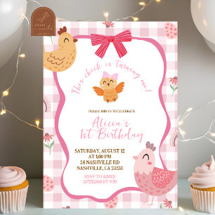 Rosa Gingham-Karoküken-Einladung zum 1. Geburtstag Einladung