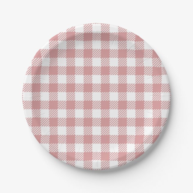 Rosa Gingham-Karomuster Pappteller (Vorderseite)