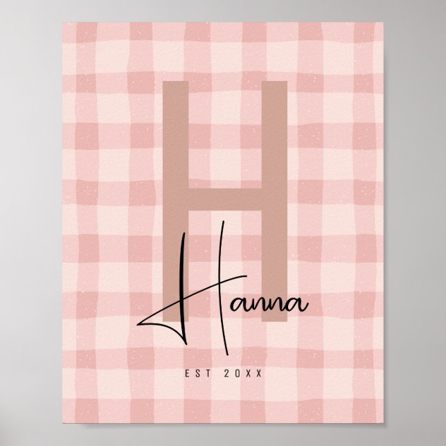 Rosa Gingham-Kindermerzimmer-Name-Initiale Poster (Vorne)