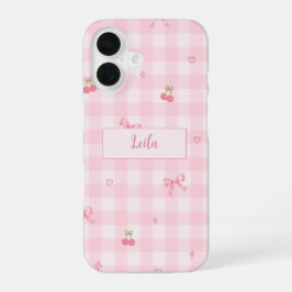 Rosa Gingham-Kirsch-Schleifen-Schriftzug-Design iPhone 16 Hülle