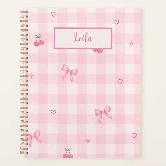 Rosa Gingham-Kirsch-Schleifen-Schriftzug-Design Planer (Vorderseite)