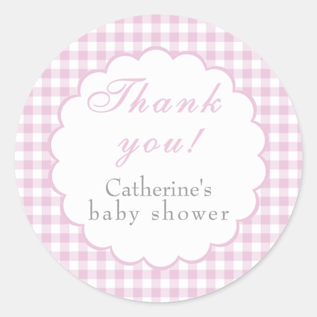 Rosa Gingham Klassischer Baby Shower Aufkleber (Vorderseite)