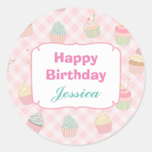 Rosa Gingham-Kuchen-personalisierter Geburtstag Runder Aufkleber