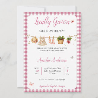 Rosa Gingham-Landgarten-Wäscheleine Baby Shower Einladung