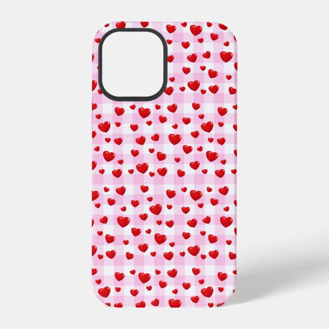 Rosa Gingham mit roten Herzen iPhone Hülle (Rückseite)