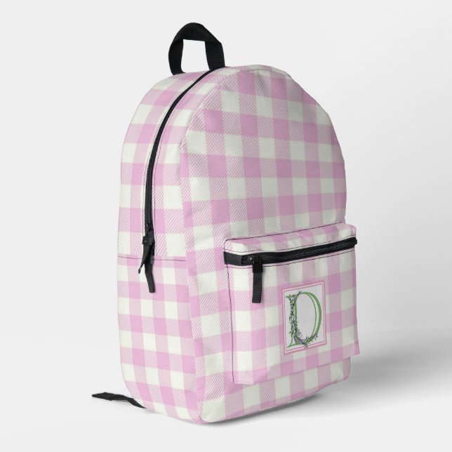 Rosa Gingham-Monogramm-Buchstaben D Bedruckter Rucksack (Rückseitige Ecke links)