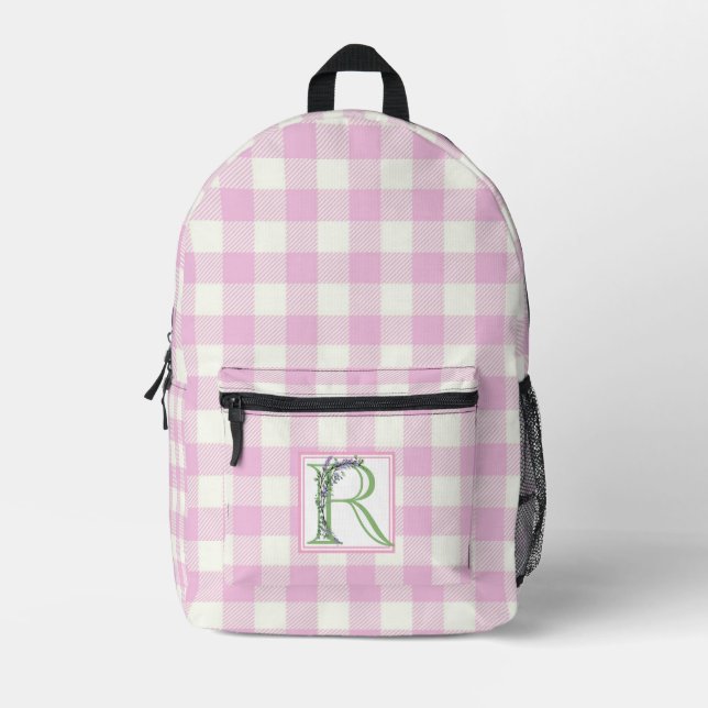 Rosa Gingham-Monogramm-Buchstaben R Bedruckter Rucksack (Vorderseite)