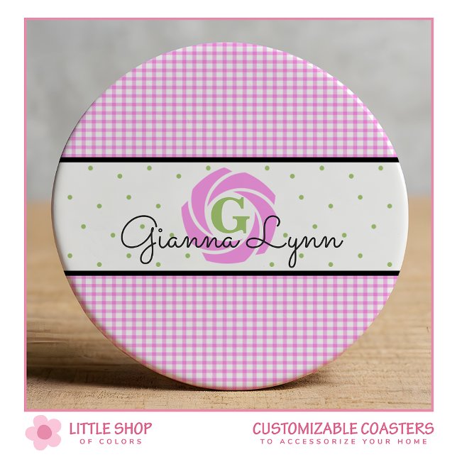 Rosa Gingham Monogramm Runder Pappuntersetzer (Von Creator hochgeladen)