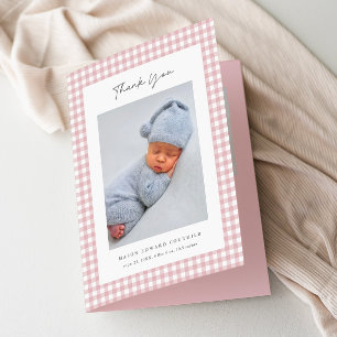 Rosa Gingham-Muster Mädchen Baby Dankeskarte