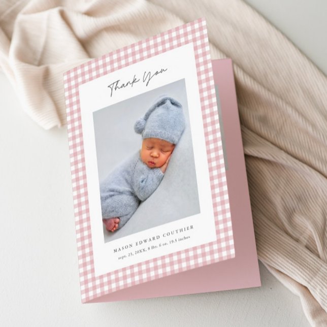 Rosa Gingham-Muster Mädchen Baby Dankeskarte (Pink Gingham Girls Baby Photo Folded Thank You Cards.)