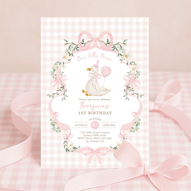Rosa Gingham One Silly Goose Ballon Mädchen Geburt Einladung (Von Creator hochgeladen)
