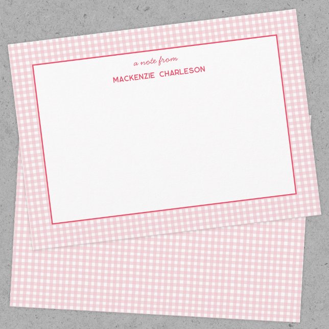 Rosa Gingham Personalisiert Mitteilungskarte (Pink gingham personalized custom name notecard)