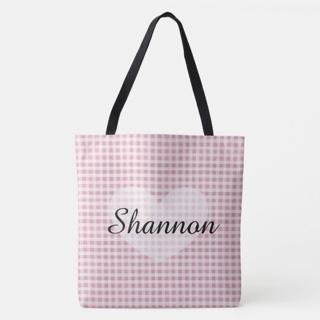 Rosa Gingham-personalisierte NamensTaschen-Tasche (Vorderseite)