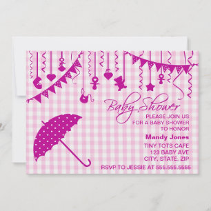 Rosa Gingham Regenschirm Babydusche Einladungen