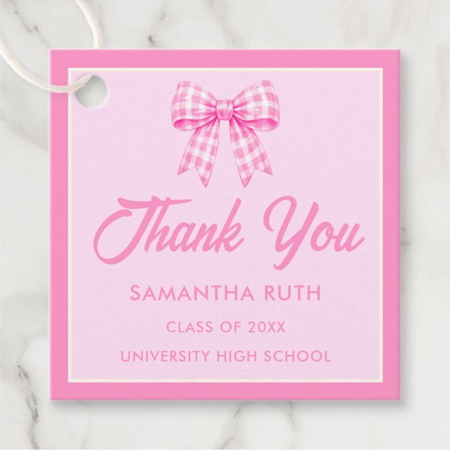 Rosa Gingham-Schleife Abschlussfeier Geschenkanhänger (Vorderseite)