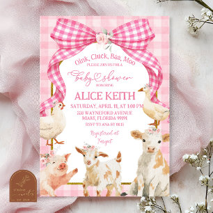 Rosa Gingham-Schleife Bauernhof-Tier Baby Shower Einladung