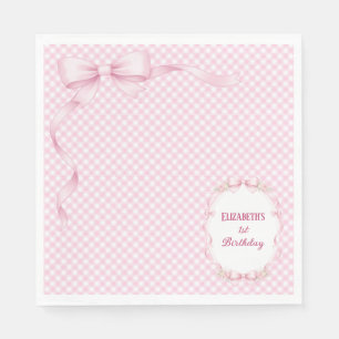 Rosa Gingham-Schleife Erstes Geburtstag Servietten