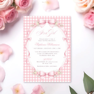 Rosa Gingham-Schleife Florale Babyparty Einladung