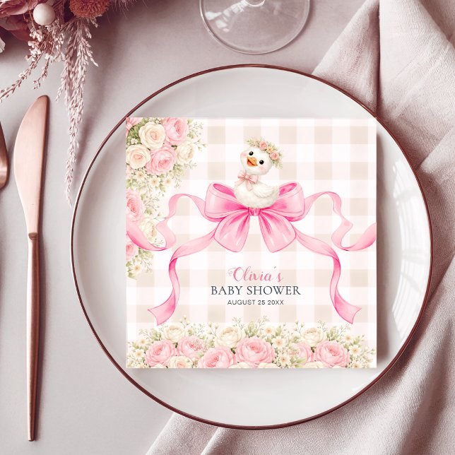 Rosa Gingham-Schleife-Gans-Mädchen-Baby-Party  Serviette (Von Creator hochgeladen)