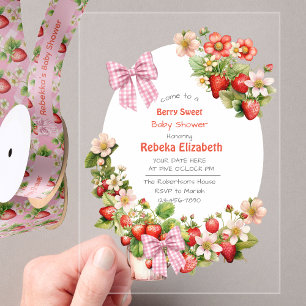 Rosa Gingham-Schleife-Strohhalm-Erdbeere-Baby-Show Acryleinladungen