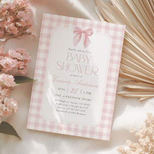 Rosa Gingham-Schleifen-Mädchen-Baby-Party Einladung
