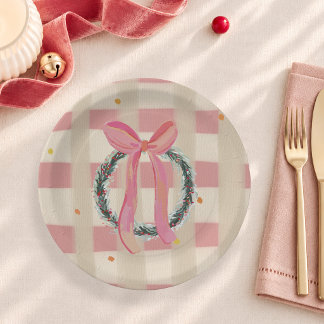 Rosa Gingham-Schleifen-Weihnachtskranz Pappteller