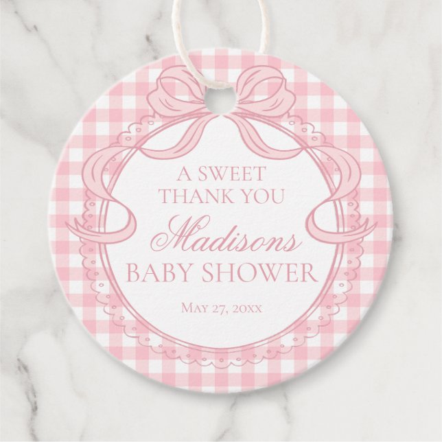 Rosa Gingham-Schmachtlappen-Schleifen-Baby-Party-K Geschenkanhänger (Vorderseite)