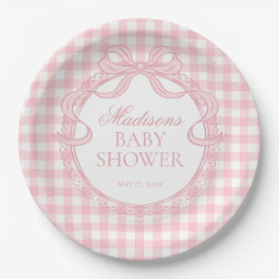 Rosa Gingham-Schmachtlappen-Schleifen-Baby-Party Pappteller