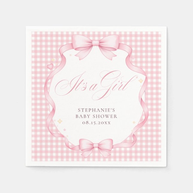 Rosa Gingham-Schmetterlings-Schleife - It's a Girl Serviette (Vorderseite)
