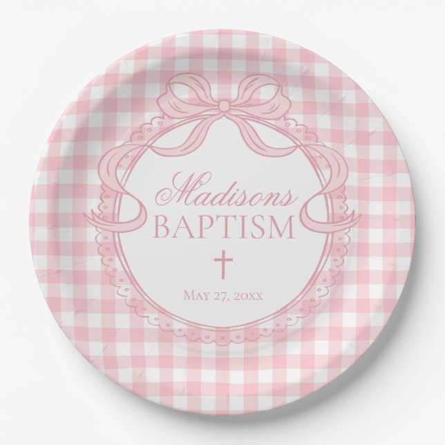 Rosa Gingham-Schmetterlings-Schleife Taufe Pappteller (Vorderseite)