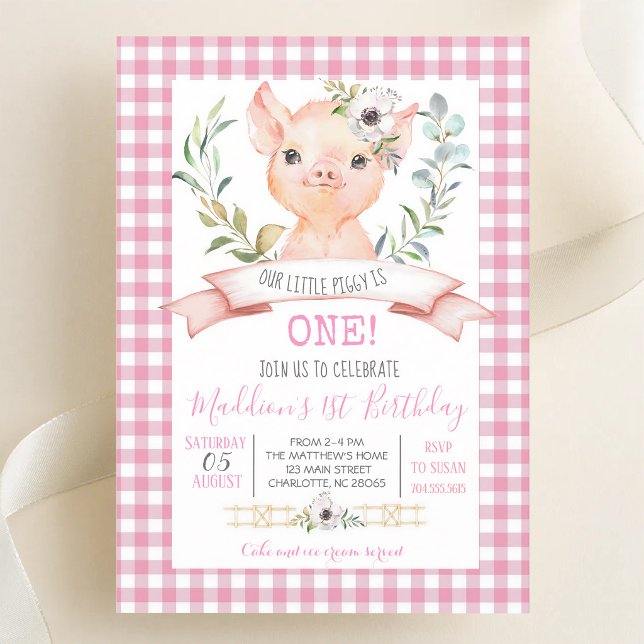 Rosa Gingham-Schwein-Mädchen-Geburtstag Einladung (Von Creator hochgeladen)