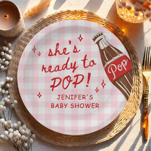 Rosa Gingham Sie ist bereit zu knallen Baby Shower Pappteller