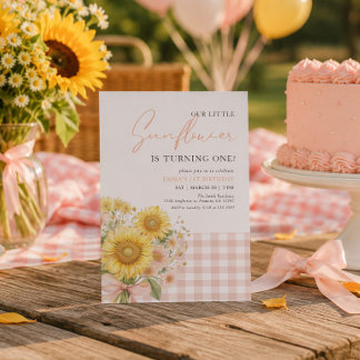 Rosa Gingham-Sonnenblume 1. Geburtstag Einladung