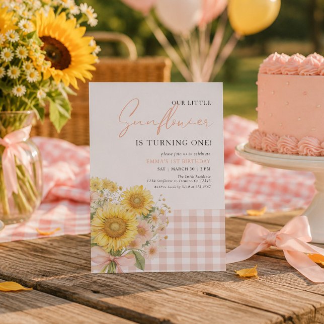 Rosa Gingham-Sonnenblume 1. Geburtstag  Einladung (Von Creator hochgeladen)
