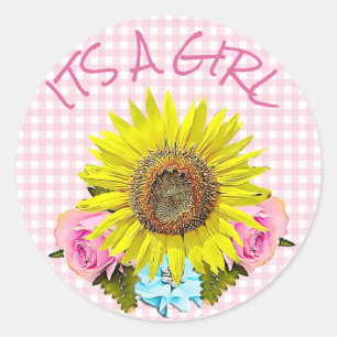 Rosa Gingham-Sonnenblume BABYPARTY Aufkleber