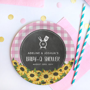 Rosa Gingham-Sonnenblumen-Schiefertafel-Baby-Q-Par Pappteller